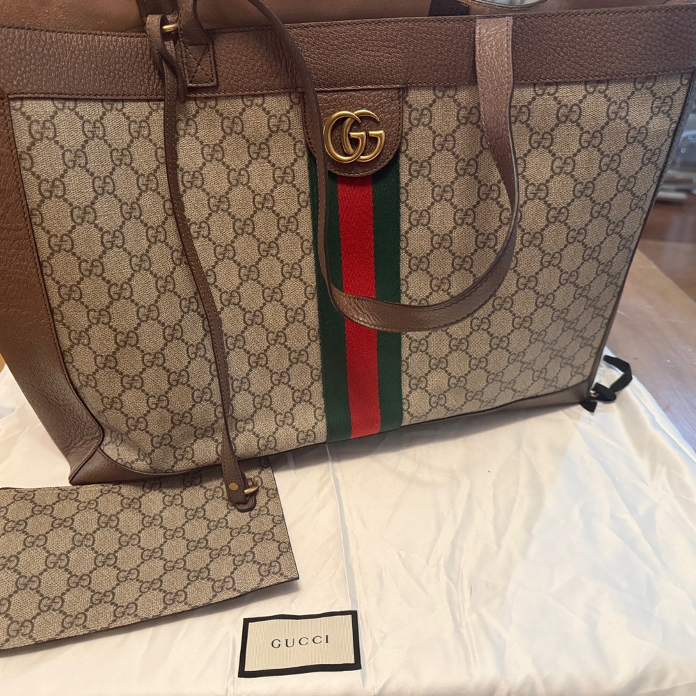 Gucci Brown and Cream GG Tote with Red and Green Stripe